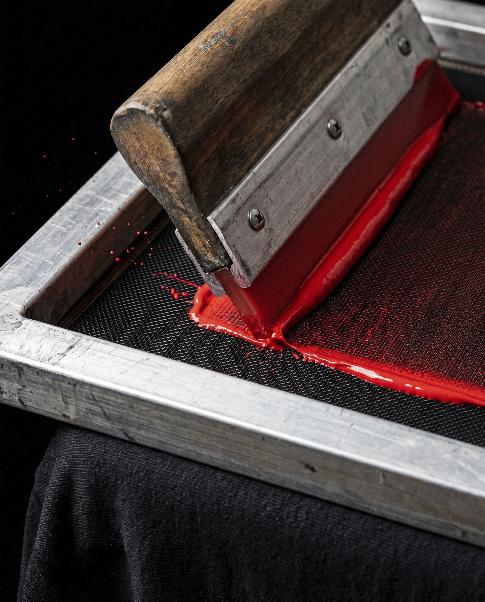 Sieb und Rakel beim Druckvorgang — Nahaufnahme