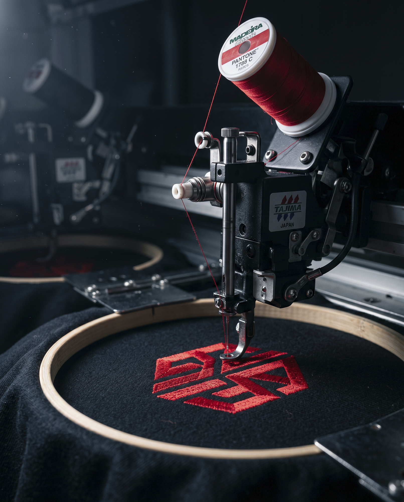 Mehrkopf-Stickmaschine — Nahaufnahme Nadel und Faden